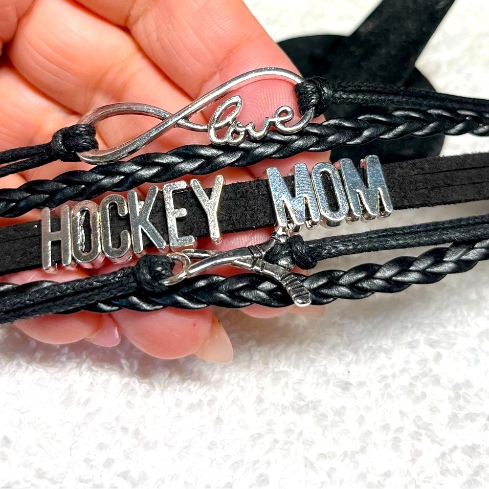 Leatherette hockey mom bracelet with silver charms -NEW